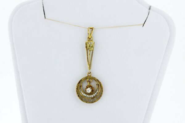 Timekeepersclayton 10K Yellow Gold Filigree Drop Pendant with Seed Pearls and Diamonds
