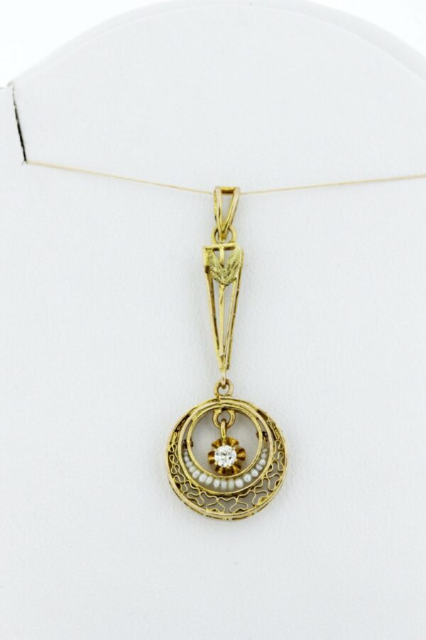 Timekeepersclayton 10K Yellow Gold Filigree Drop Pendant with Seed Pearls and Diamonds