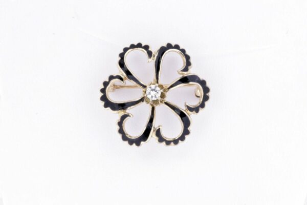 Timekeepersclayton 14K Gold Black Enamel Flower with Scalloped Edges Convertible Brooch/Pendant with Diamond Center