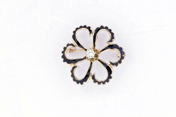 Timekeepersclayton 14K Gold Black Enamel Flower with Scalloped Edges Convertible Brooch/Pendant with Diamond Center