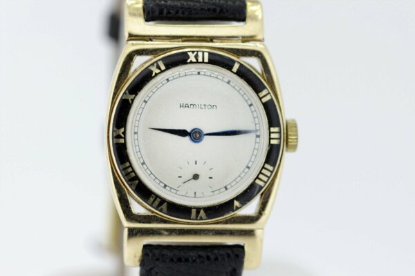 Timekeepersclayton 14K Gold Hinged Hamilton Wrist Watch with Black Enamel Ring