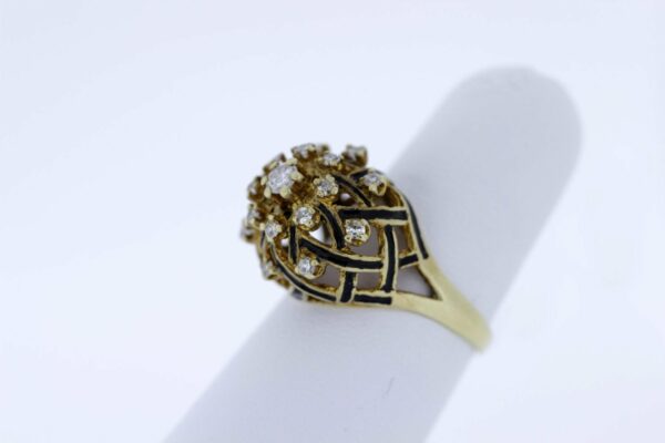 Timekeepersclayton 14K Gold and Black Enamel Lattice Ring with Prong set Diamonds