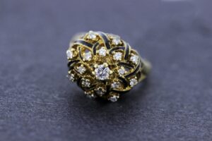 Timekeepersclayton 14K Gold and Black Enamel Lattice Ring with Prong set Diamonds