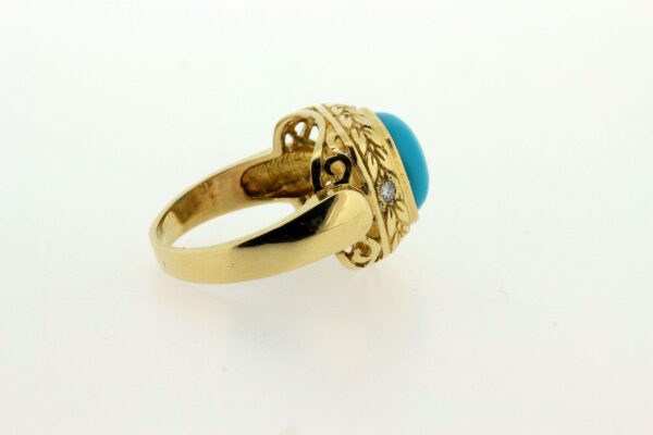 Timekeepersclayton 14K Yellow Gold Turquoise and Diamond Hand Engraved Leaf Pattern with Filigree Ring