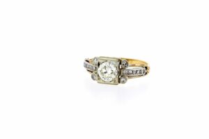 Timekeepersclayton 14K Yellow and White Gold Vintage Euro Cut Diamond Ring with Milgrain Channel set Engraved Crosses