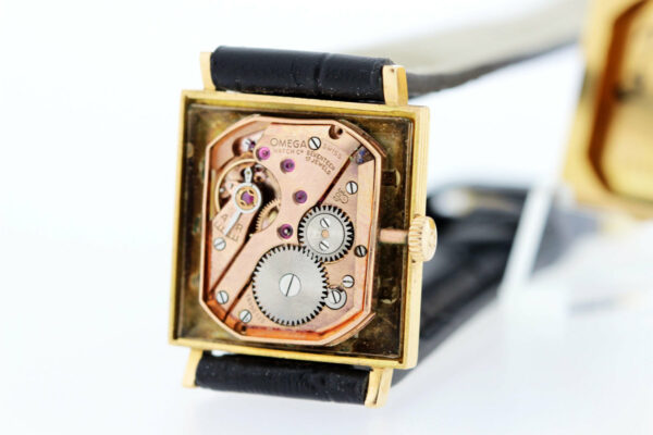 Timekeepersclayton 18K Gold Square Shaped Omega Wrist Watch Black and Gold 1940s