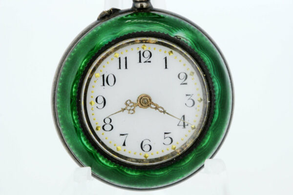 Timekeepersclayton Argent Dore Silver and Green Guilloch? Enamel Ladies Pocket Watch 1900s