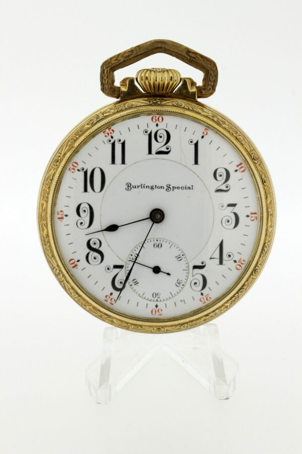 Timekeepersclayton Vintage Burlington Special Pocket Watch 10K Gold Filled Skeleton Case with Guilloch? Engraving