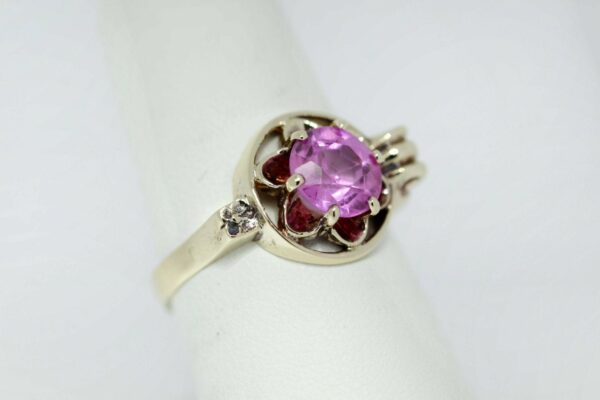 Timekeepersclayton 10K Gold Flower Ring with Large Pink Glass Stone