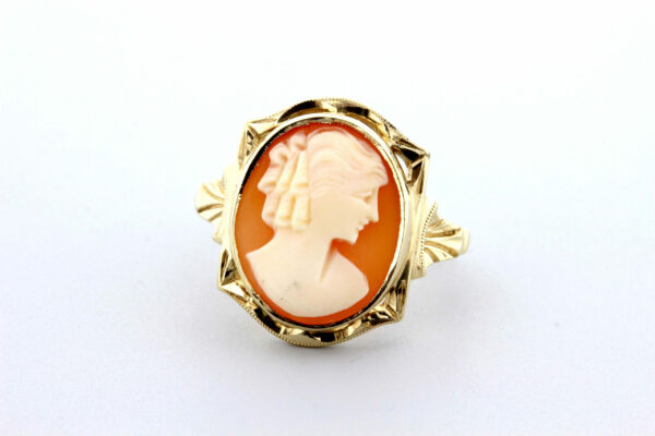 Timekeepersclayton 10K Yellow Gold Carved Cameo Ring Female with Ringlets Hand Engraved and Milgrain Bezel Set