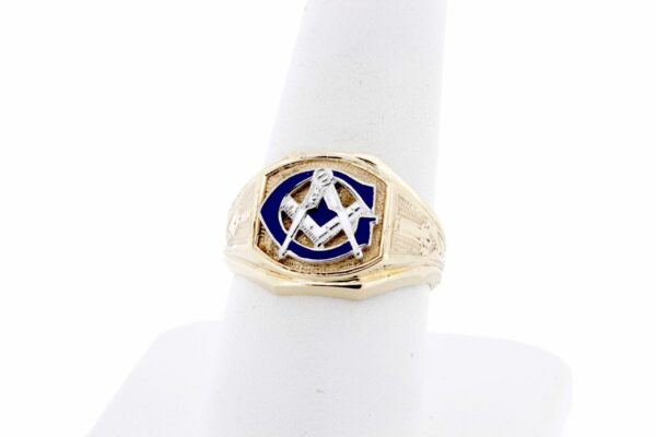 Timekeepersclayton 10K Yellow Gold Freemason Ring with Blue Enamel “G” Engraved Sides Compass