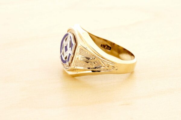 Timekeepersclayton 10K Yellow Gold Freemason Ring with Blue Enamel “G” Engraved Sides Compass