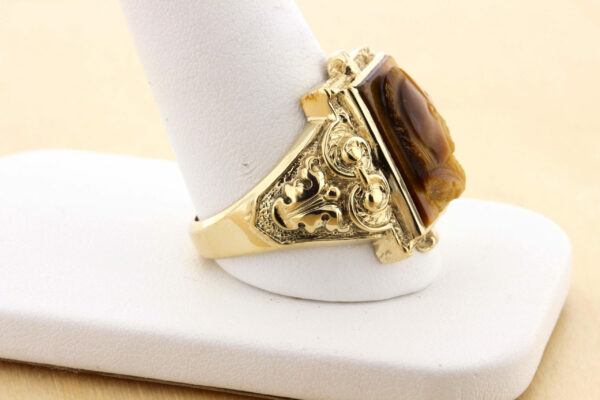 Timekeepersclayton 10K Yellow Gold Ring and Hand Carved Conquistador Tiger-eye