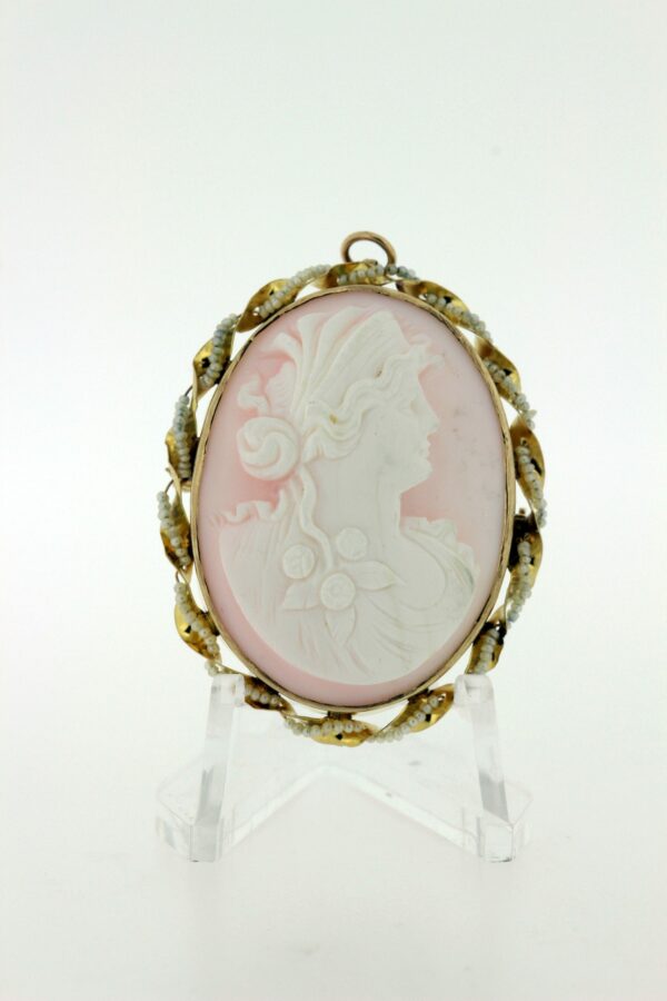 Timekeepersclayton 10K Yellow Gold Vintage Carvd Cameo Brooch with Swirling Ribbons of Gold and Seed Pearls