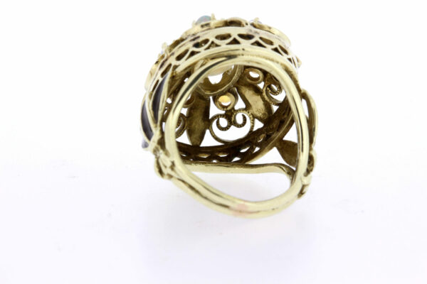 Timekeepersclayton 14K Gold Black Enamel Ring with Opals