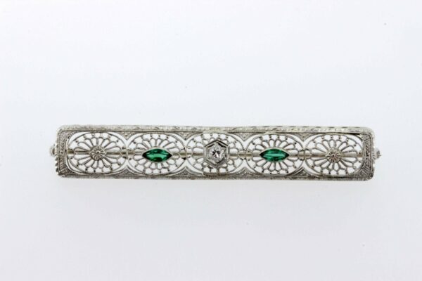 Timekeepersclayton 14K Gold Brooch with Green glass Stones and Diamonds