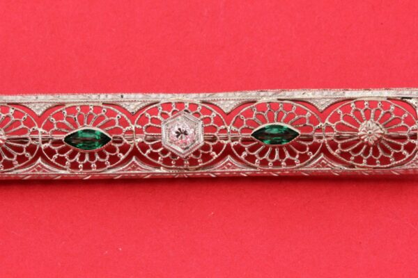 Timekeepersclayton 14K Gold Brooch with Green glass Stones and Diamonds