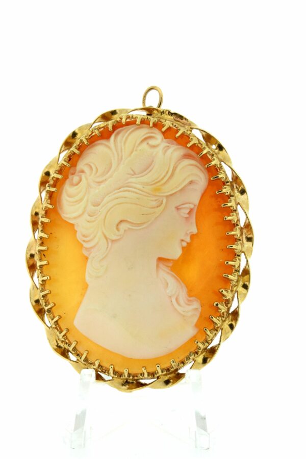 Timekeepersclayton 14K Gold Carved Cameo Brooch Twisted Ribbons Convertible Flowing Hair Locks Claw Set