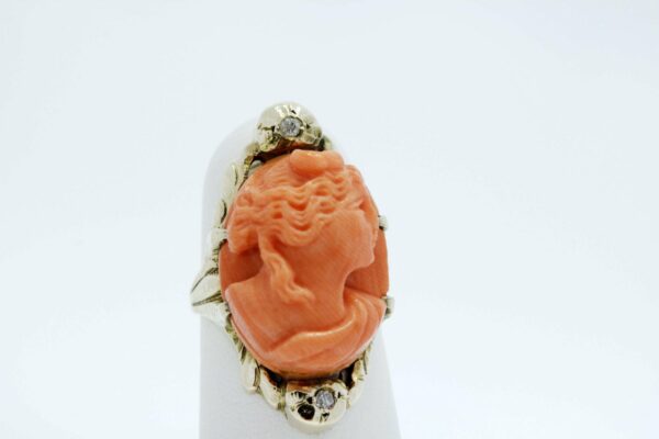 Timekeepersclayton 14K Gold Coral Cameo Ring with Diamonds