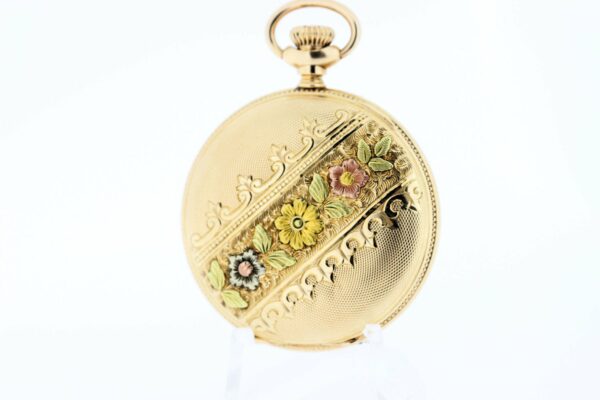 Timekeepersclayton 14K Gold Elgin Pocket Watch Multicolored Flowers