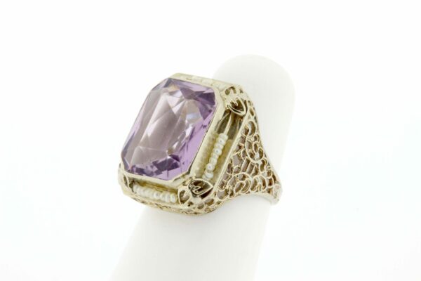 Timekeepersclayton 14K Gold Filigree Purple Amethyst Ring with Seed Pearl Accents