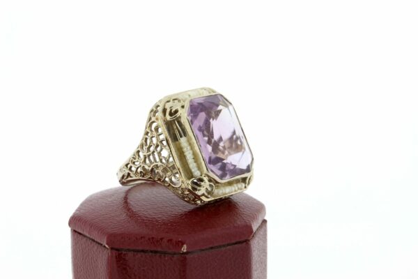 Timekeepersclayton 14K Gold Filigree Purple Amethyst Ring with Seed Pearl Accents