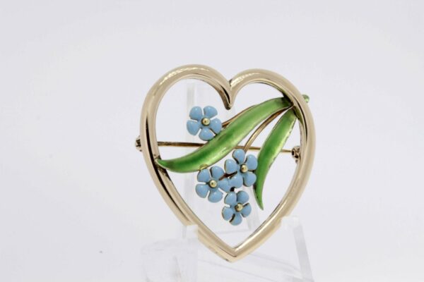 Timekeepersclayton 14K Gold Heart and Blue Forget-me-not flower Brooch