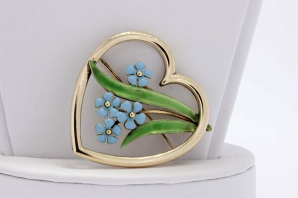 Timekeepersclayton 14K Gold Heart and Blue Forget-me-not flower Brooch
