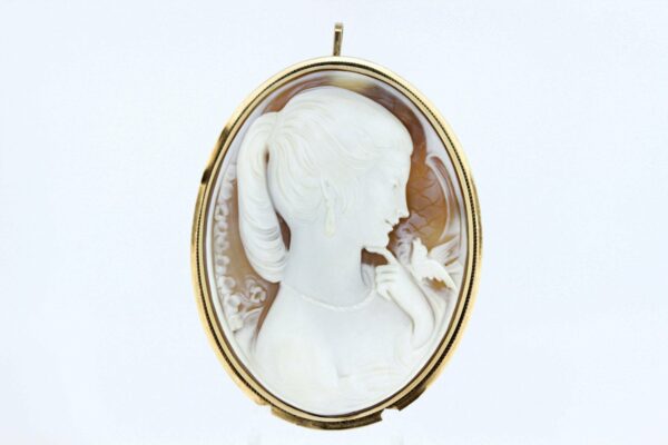 Timekeepersclayton 14K Gold Large Oval Cameo Convertible Brooch/Pendant with Female and Bird
