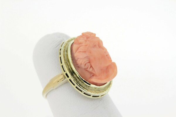 Timekeepersclayton 14K Gold Oval Coral Cameo Ring with Female Figure with Milgrain Accents