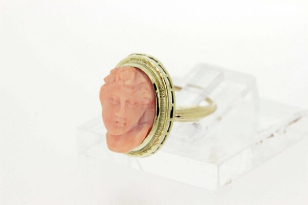 Timekeepersclayton 14K Gold Oval Coral Cameo Ring with Female Figure with Milgrain Accents