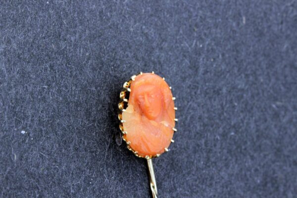 Timekeepersclayton 14K Gold Roman/Greek Female Bust Carved Coral Cameo Stick pin