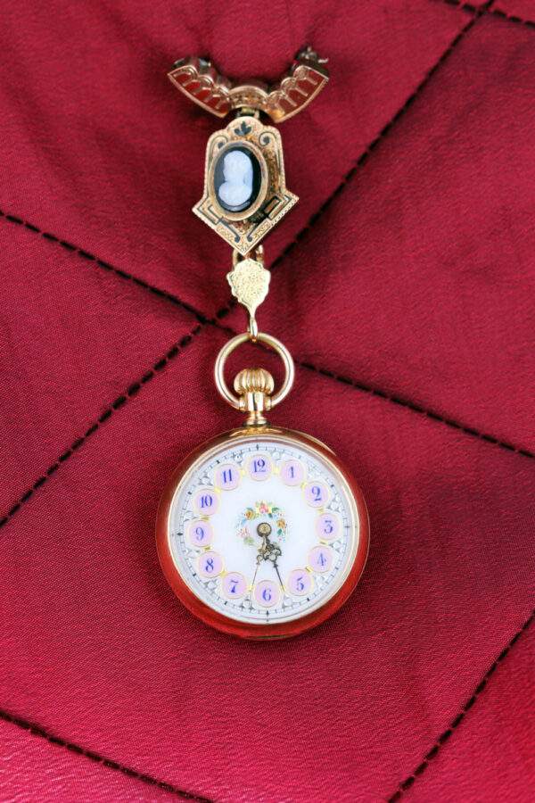14K Rose Gold Ladies Pocket Watch with Hand Painted Dial and Carved Cameo Brooch