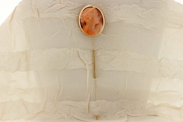 Timekeepersclayton 14K Stick pin with light Peach Coral Carved Female bust Bezel set