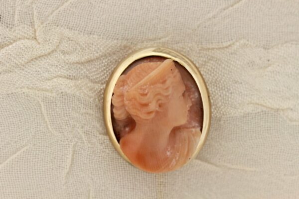 Timekeepersclayton 14K Stick pin with light Peach Coral Carved Female bust Bezel set