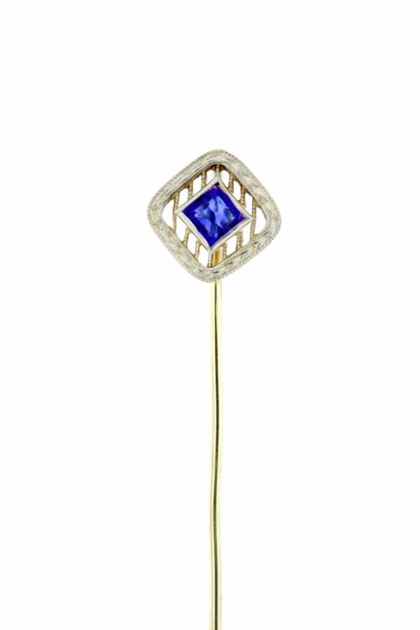 Timekeepersclayton 14K Stickpin with Square Faceted Blue Glass Accent