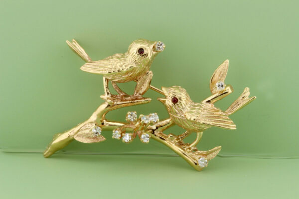 Timekeepersclayton 14K Swallow Bird Brooch with Diamonds and Garnets