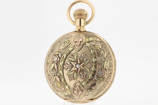 14K Tri-colored floral and diamond pocket watch signed Seth Thomas