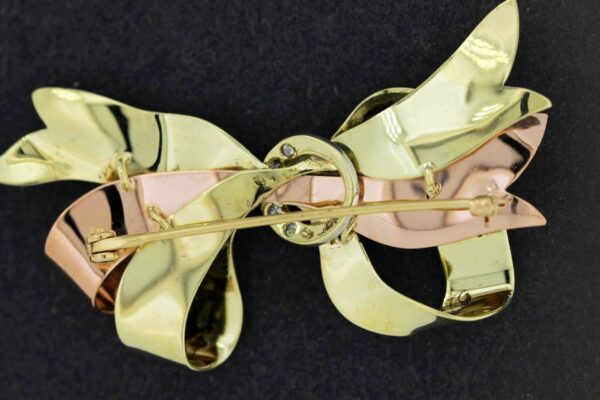 Timekeepersclayton 14K Two tone Gold Small Bow Brooch with Pave set Diamonds