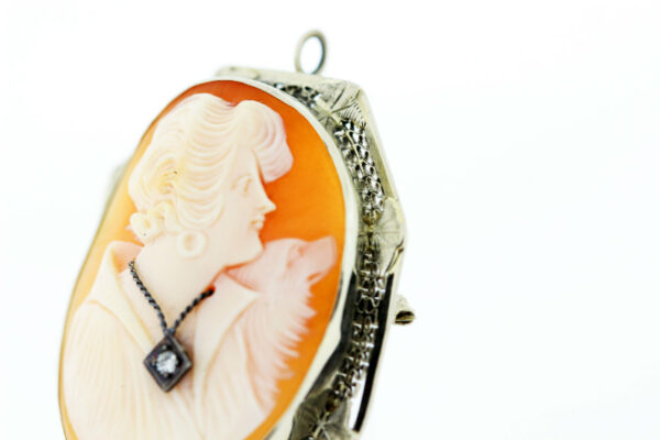Timekeepersclayton 14K White Gold Covertible Cameo Brooch Lady and Dog with Pave Diamond