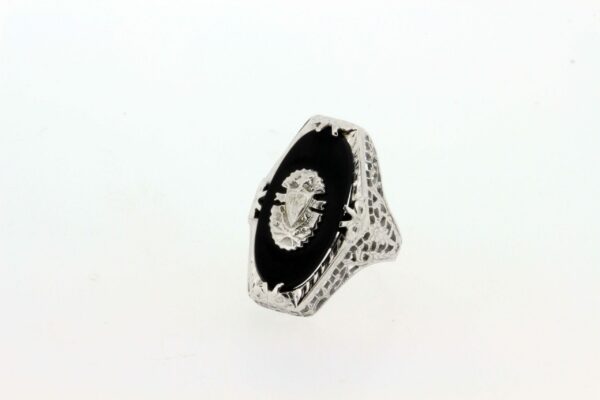 Timekeepersclayton 14K White Gold Filigree Ring with Onyx Center and Coat of Arms Bow Flowers Vines Leaves