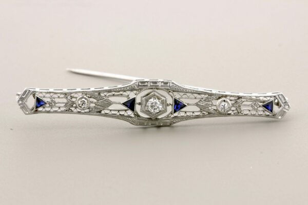 Timekeepersclayton 14K White Gold and Platinum Diamond Brooch Engraved with Blue Accents Filigree Flowers