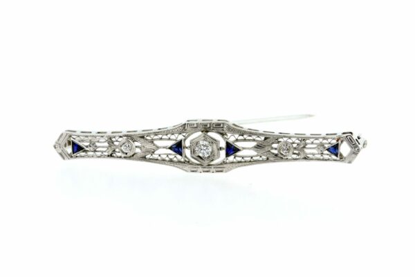 Timekeepersclayton 14K White Gold and Platinum Diamond Brooch Engraved with Blue Accents Filigree Flowers