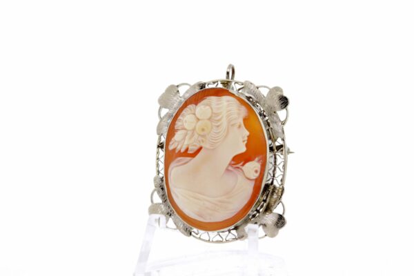 Timekeepersclayton 14K White gold Cameo Carved Shell Brooch with Heart Filigree Peony Female Figure Hair Clover Convertible