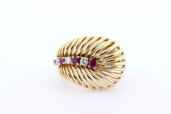 Timekeepersclayton 14K Yellow Gold Curved Wire Feather Ring with Red Rubies and White Diamonds