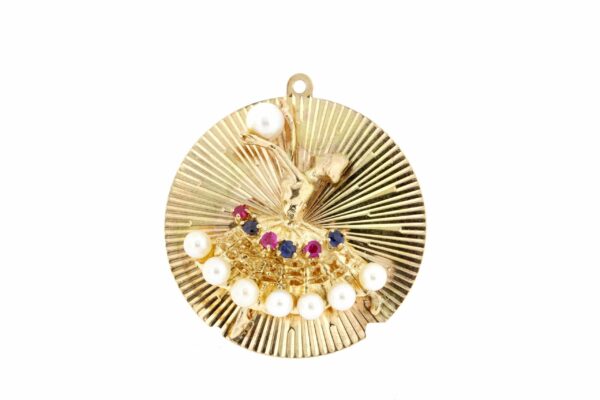 Timekeepersclayton 14K Yellow Gold Dancing Ballerina with Pearl, Blue Sapphire, and Red Ruby Dress Pendant