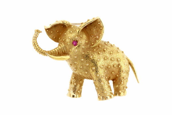 Timekeepersclayton 14K Yellow Gold Elephant Brooch with Ruby Eye Pin