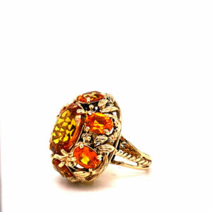 Timekeepersclayton 14K Yellow Gold Filigree and Floral Leaf Synthetic Yellow Sapphire Statement Ring