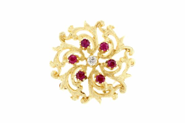 Timekeepersclayton 14K Yellow Gold Floral Star Swirl Brooch with Rubies and Diamond Pendant