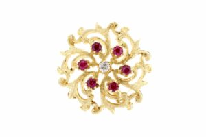 Timekeepersclayton 14K Yellow Gold Floral Star Swirl Brooch with Rubies and Diamond Pendant